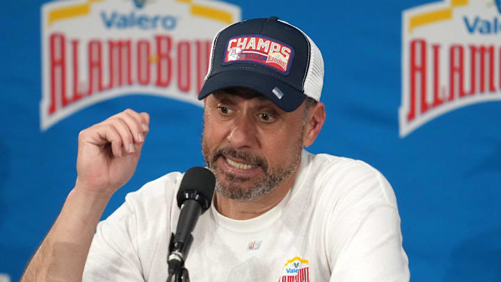 Dec 28, 2023; San Antonio, TX, USA; Arizona Wildcats head coach Jedd Fisch at press conference after the Alamo Bowl against the Oklahoma Sooners at Alamodome. Mandatory Credit: Kirby Lee-USA TODAY Sports