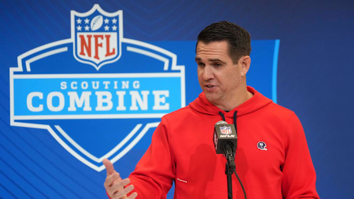 Feb 25, 2025; Indianapolis, IN, USA; New York Giants general manager Joe Schoen sspeaks during the NFL Scouting Combine at the Indiana Convention Center. Mandatory Credit: Kirby Lee-Imagn Images
