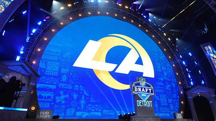 Apr 25, 2024; Detroit, MI, USA; A Los Angeles Rams logo at the 2024 NFL Draft at Campus Martius Park and Hart Plaza. Mandatory Credit: Kirby Lee-Imagn Images