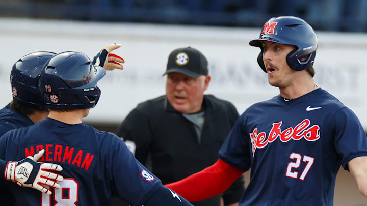 Judd Utermark celebrates hitting a home run during Ole Miss baseball's win over Wright State at Swayze Field on Feb. 28, 2025.