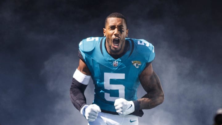 Oct 15, 2023; Jacksonville, Florida, USA; Jacksonville Jaguars safety Andre Cisco (5) runs out of