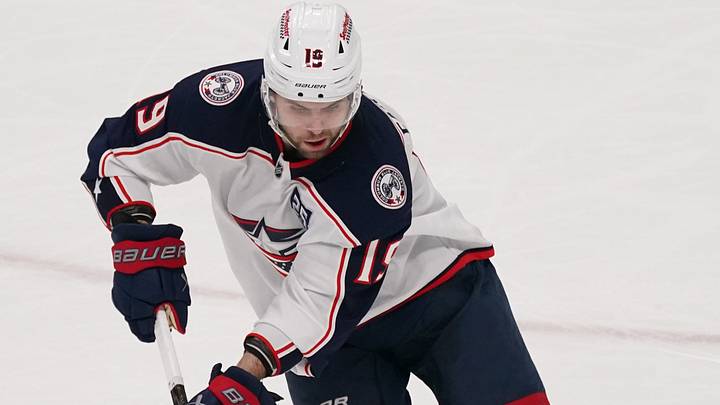 Jan 6, 2026; San Jose, California, USA; Columbus Blue Jackets center Adam Fantilli (19) controls the puck against the San Jose Sharks in the third period at SAP Center at San Jose. Mandatory Credit: David Gonzales-Imagn Images