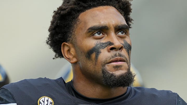 Sep 6, 2025; Columbia, Missouri, USA; Missouri Tigers defensive end Damon Wilson II (8) warms up prior to a game against the Kansas Jayhawks at Faurot Field at Memorial Stadium. Mandatory Credit: Jay Biggerstaff-Imagn Images