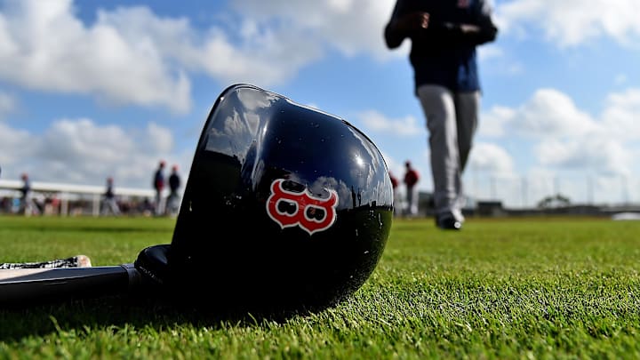 Feb 18, 2019; Lee County, FL, USA; A general view of a Boston Red Sox helmet as Boston Red Sox center fielder Jackie Bradley Jr. (19) walks on the field during a spring training workout at Jet Blue Park at Fenway South. Mandatory Credit: Jasen Vinlove-Imagn Images Feb 18, 2019; Lee County, FL, USA; A general view of a Boston Red Sox helmet as Boston Red Sox center fielder Jackie Bradley Jr. (19) walks on the field during a spring training workout at Jet Blue Park at Fenway South. Mandatory Credit: Jasen Vinlove-Imagn Images