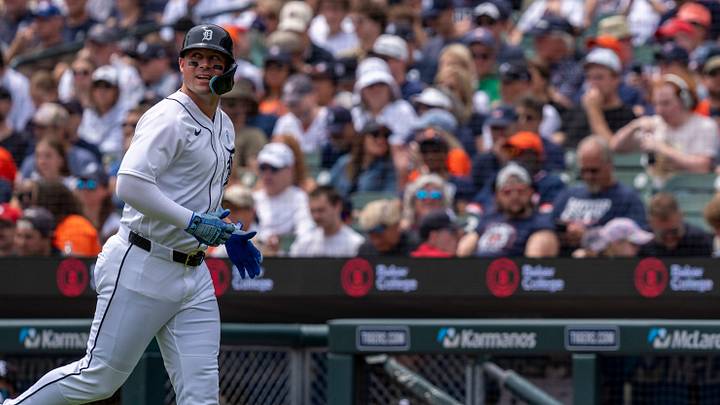 Detroit Tigers first baseman Spencer Torkelson (20) walks to the dugout against the Chicago White Sox at Comerica Park in Detroit on Sunday, June 21, 2026.