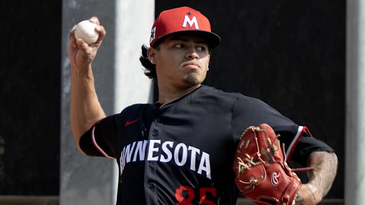 Minnesota Twins pitcher Marco Raya (85) during Spring Training on Feb 13, 2025 on Lee County, FL, USA.   Credit: Chris Tilley-Imagn Images