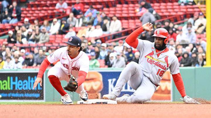Apr 6, 2025; Boston, Massachusetts, USA; St. Louis Cardinals right fielder Jordan Walker (18) slides into second base against Boston Red Sox second baseman David Hamilton (17) during the fourth inning at Fenway Park. Mandatory Credit: Eric Canha-Imagn Images Apr 6, 2025; Boston, Massachusetts, USA; St. Louis Cardinals right fielder Jordan Walker (18) slides into second base against Boston Red Sox second baseman David Hamilton (17) during the fourth inning at Fenway Park. Mandatory Credit: Eric Canha-Imagn Images