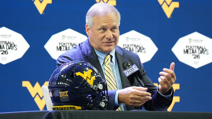 Jul 8, 2026; Frisco, TX, USA;  West Virginia head coach Rich Rodriguez speaks to reporters during Big 12 Conference Football Media Days at The Star. Mandatory Credit: Raymond Carlin III-Imagn Images