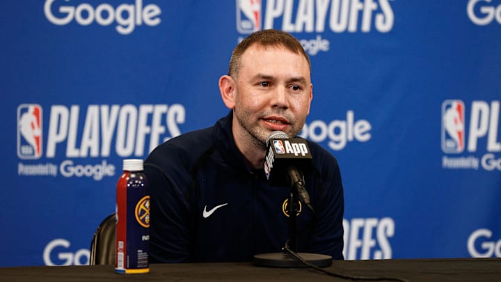 May 11, 2025; Denver, Colorado, USA; Denver Nuggets interim head coach David Adelman during a press conference before game four against the Oklahoma City Thunder in the second round of the 2025 NBA Playoffs at Ball Arena. Mandatory Credit: Isaiah J. Downing-Imagn Images