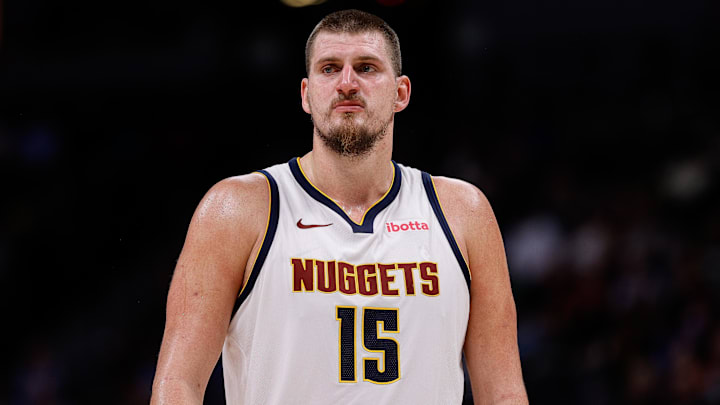 Denver Nuggets center Nikola Jokic (15) in the fourth quarter against the Toronto Raptors at Ball Arena. Mandatory Credit: Isaiah J. Downing-Imagn Images Denver Nuggets center Nikola Jokic (15) in the fourth quarter against the Toronto Raptors at Ball Arena. Mandatory Credit: Isaiah J. Downing-Imagn Images