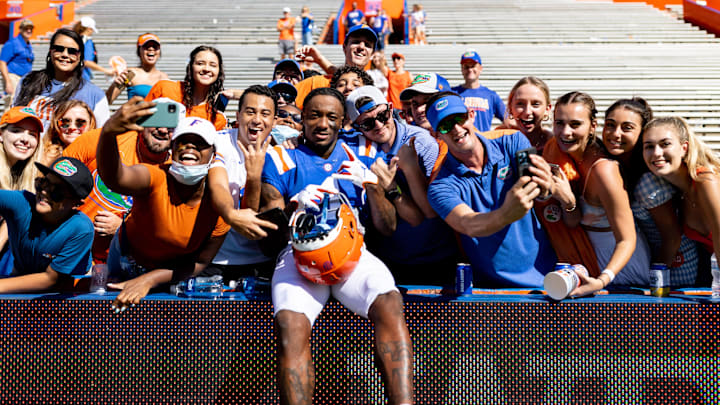 Florida Gators wide receiver Jacob Copeland (1) celebrates with fans after the game between the Florida Gators and the Vanderbilt Commodores at Ben Hill Griffin Stadium in Gainesville, FL on Saturday, October 9, 2021.

Flgai 100921 Gatorsfb Vanderbilt 6397 Mattpendleton