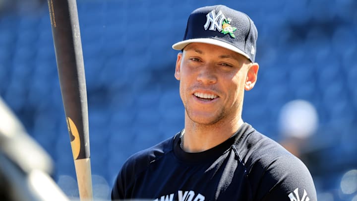 Feb 13, 2026; Tampa, FL, USA; New York Yankees right fielder Aaron Judge (99) works out during spring training practices at George M. Steinbrenner Field. Mandatory Credit: Kim Klement Neitzel-Imagn Images