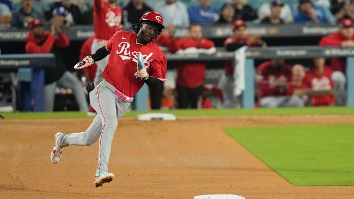 Cincinnati Reds shortstop Elly De La Cruz rounds second and would go on to score on Tyler Stephenson's double in the seventh inning against the Dodgers in a National League wild card series game in Los Angeles on Sept. 30. Cincinnati Reds shortstop Elly De La Cruz rounds second and would go on to score on Tyler Stephenson's double in the seventh inning against the Dodgers in a National League wild card series game in Los Angeles on Sept. 30.