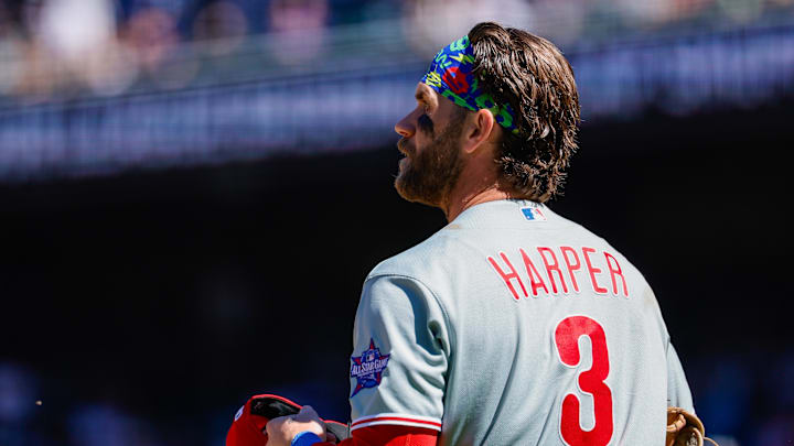 Apr 5, 2026; Denver, Colorado, USA; Philadelphia Phillies first baseman Bryce Harper (3) in the fourth inning against the Colorado Rockies at Coors Field. 