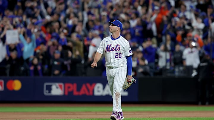 Oct 18, 2024; New York City, New York, USA; New York Mets first baseman Pete Alonso (20) reacts after the Mets defeated the Los Angeles Dodgers in game five of the NLCS during the 2024 MLB playoffs at Citi Field. 