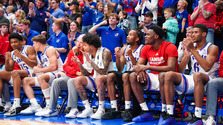 Jan 6, 2026; Lawrence, Kansas, USA; Kansas Jayhawks players and fans celebrate against the TCU Horned Frogs during overtime of the game at Allen Fieldhouse. Mandatory Credit: Denny Medley-Imagn Images Jan 6, 2026; Lawrence, Kansas, USA; Kansas Jayhawks players and fans celebrate against the TCU Horned Frogs during overtime of the game at Allen Fieldhouse. Mandatory Credit: Denny Medley-Imagn Images