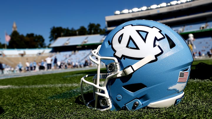  A detailed view of a North Carolina helmet prior to the game between the Georgia Tech Yellow Jackets and the North Carolina Tar Heels at Kenan Memorial Stadium on October 12, 2024 in Chapel Hill, North Carolina.