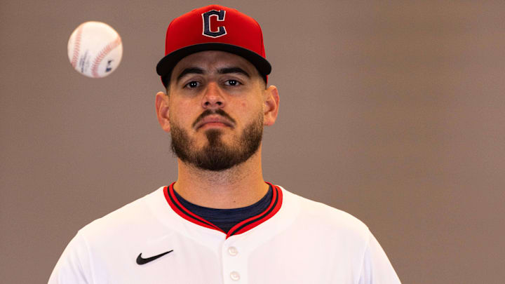 Feb 19, 2026: Cleveland Guardians pitcher Franco Aleman (92) during media day in Goodyear. 