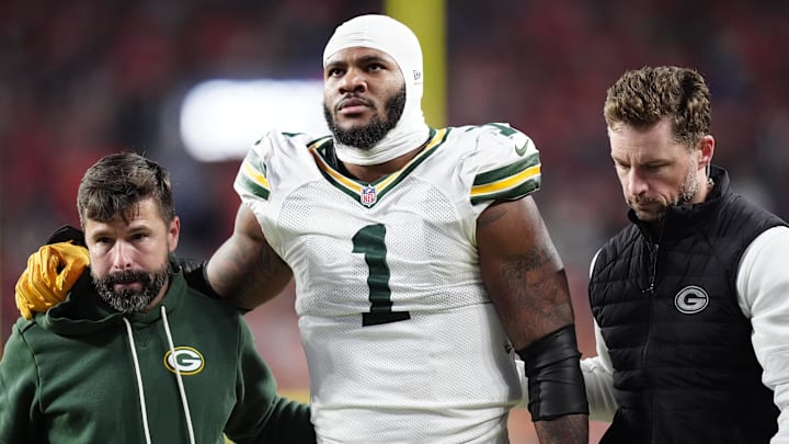 Dec 14, 2025; Denver, Colorado, USA; Green Bay Packers defensive end Micah Parsons (1) walks off the field with help from medical personnel following an injury during the third quarter against the Denver Broncos at Empower Field at Mile High. Mandatory Credit: Ron Chenoy-Imagn Images Dec 14, 2025; Denver, Colorado, USA; Green Bay Packers defensive end Micah Parsons (1) walks off the field with help from medical personnel following an injury during the third quarter against the Denver Broncos at Empower Field at Mile High. Mandatory Credit: Ron Chenoy-Imagn Images