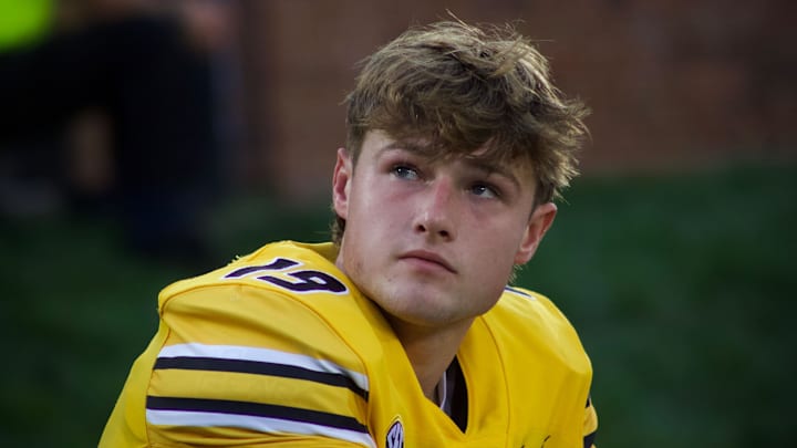 Sep 21, 2024; Columbia, Missouri, USA; Missouri Tigers kicker Blake Craig (19) looks at the scoreboard following a missed field goal against the Vanderbilt Commodores at Faurot Field at Memorial Stadium.