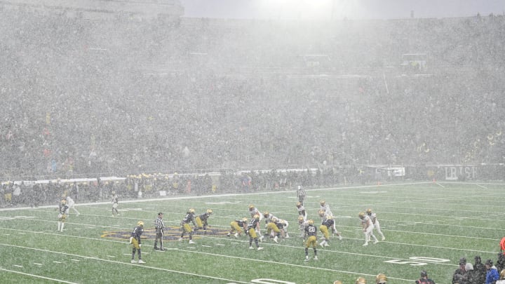 Nov 19, 2022; South Bend, Indiana, USA; Heavy snow falls in the third quarter of the game between the Notre Dame Fighting Irish and the Boston College Eagles at Notre Dame Stadium. Mandatory Credit: Matt Cashore-USA TODAY Sports Nov 19, 2022; South Bend, Indiana, USA; Heavy snow falls in the third quarter of the game between the Notre Dame Fighting Irish and the Boston College Eagles at Notre Dame Stadium. Mandatory Credit: Matt Cashore-USA TODAY Sports