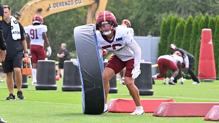 Aug 6, 2025; Foxborough, MA, USA; Washington Commanders linebacker Kain Medrano (56) works with a training aid at training camp at Gillette Stadium. Mandatory Credit: Eric Canha-Imagn Images Aug 6, 2025; Foxborough, MA, USA; Washington Commanders linebacker Kain Medrano (56) works with a training aid at training camp at Gillette Stadium. Mandatory Credit: Eric Canha-Imagn Images