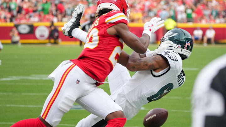 Sep 14, 2025; Kansas City, Missouri, USA; Philadelphia Eagles wide receiver DeVonta Smith (6) is unable to make a reception defended by Kansas City Chiefs cornerback Nohl Williams (20) during the third quarter of the game at GEHA Field at Arrowhead Stadium. Mandatory Credit: Denny Medley-Imagn Images