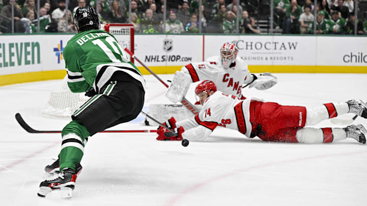 Feb 13, 2024; Dallas, Texas, USA; Dallas Stars center Ty Dellandrea (10) attempts to poke a shot