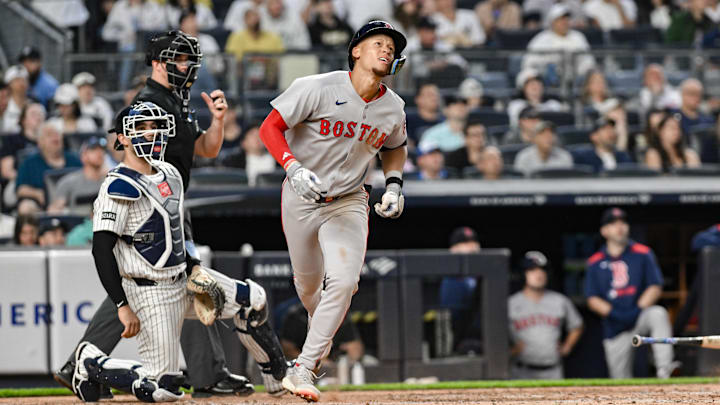 Jun 8, 2025; Bronx, New York, USA; Boston Red Sox second baseman Kristian Campbell (28) hits a two-run home run against the New York Yankees during the fifth inning at Yankee Stadium. Mandatory Credit: John Jones-Imagn Images