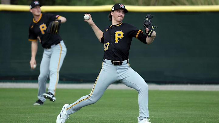 Pittsburgh Pirates pitchers Bubba Chandler (57) and Mitch Keller (23) during spring training work out at Pirate City.