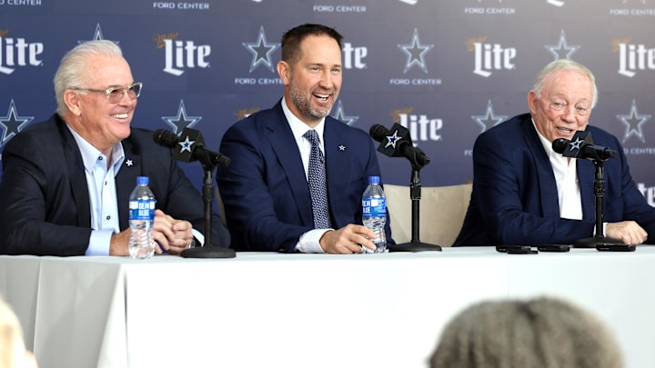 Dallas Cowboys CEO Stephen Jones, head coach Brian Schottenheimer and owner Jerry Jones speak to the media.