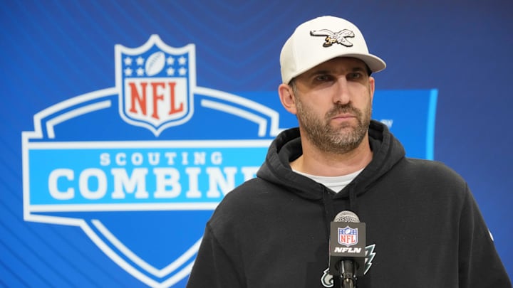 Feb 25, 2025; Indianapolis, IN, USA; Philadelphia Eagles coach Nick Sirianni speaks during the NFL Scouting Combine at the Indiana Convention Center. Mandatory Credit: Kirby Lee-Imagn Images