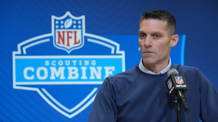 Feb 27, 2025; Indianapolis, IN, USA; Houston Texans general manager Nick Caserio speaks during the 2025 NFL Scouting Combine at the Indiana Convention Center. Mandatory Credit: Kirby Lee-Imagn Images
