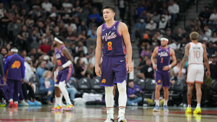Mar 25, 2024; San Antonio, Texas, USA;  Phoenix Suns guard Grayson Allen (8) looks up the court in the second half against the San Antonio Spurs at Frost Bank Center. Mandatory Credit: Daniel Dunn-USA TODAY Sports