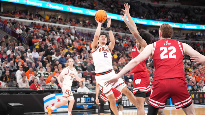 Mar 13, 2026; Chicago, IL, USA; Illinois Fighting Illini guard Andrej Stojakovic (2) shoots the ball against the Wisconsin Badgers during the first half at United Center. Mandatory Credit: David Banks-Imagn Images