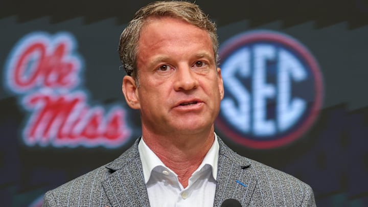 Jul 14, 2025; Atlanta, GA, USA; Ole Miss Rebels head coach Lane Kiffin speaks to the media during SEC Media Day at Omni Atlanta Hotel. Mandatory Credit: Jordan Godfree-Imagn Images