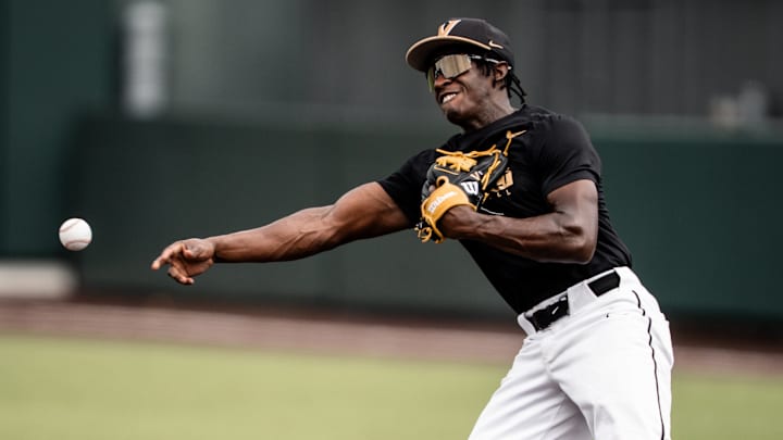 Vanderbilt outfielder RJ Austin throws a ball during a Wednesday practice at Hawkins Field ahead of the Commodores' final SEC series of the season. Vanderbilt outfielder RJ Austin throws a ball during a Wednesday practice at Hawkins Field ahead of the Commodores' final SEC series of the season.