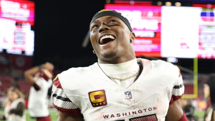 Washington Commanders wide receiver Terry McLaurin celebrates after winning a NFC wild card playoff game. Washington Commanders wide receiver Terry McLaurin celebrates after winning a NFC wild card playoff game.