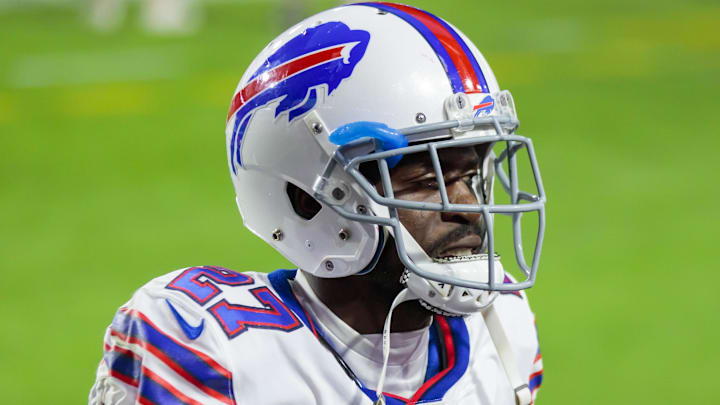 Nov 15, 2020; Glendale, Arizona, USA; Buffalo Bills cornerback Tre'Davious White (27) against the Arizona Cardinals at State Farm Stadium. Mandatory Credit: Mark J. Rebilas-Imagn Images