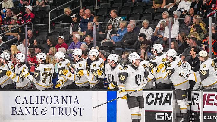 Henderson Silver Knights forward Tanner Laczynski celebrates a goal with his bench during the first period of their game at Acrisure Arena in Palm Desert, Calif., Wednesday, April 8, 2026.