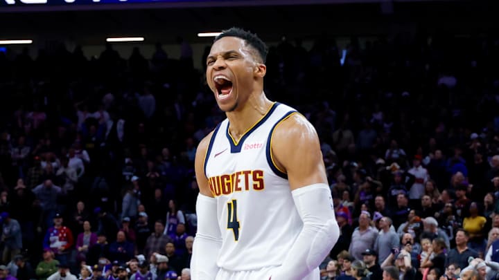 Dec 16, 2024; Sacramento, California, USA; Denver Nuggets guard Russell Westbrook (4) celebrates after the game against the Sacramento Kings at Golden 1 Center. Mandatory Credit: Sergio Estrada-Imagn Images Dec 16, 2024; Sacramento, California, USA; Denver Nuggets guard Russell Westbrook (4) celebrates after the game against the Sacramento Kings at Golden 1 Center. Mandatory Credit: Sergio Estrada-Imagn Images