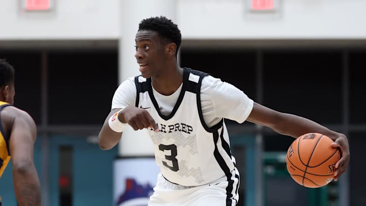 Jan 4, 2025; Gilbert, AZ, USA; Utah Prep Academy forward AJ Dybantsa (3) against Faith Family Academy (TX) during the Hoophall West High School Invitational at Highland High School. Mandatory Credit: Mark J. Rebilas-Imagn Images
