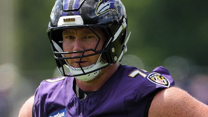 Jul 29, 2026; Owings Mills, MD, USA; Baltimore Ravens center Ethan Pocic (77) during practice at the Under Armour Performance Center. Mandatory Credit: Mitch Stringer-Imagn Images Jul 29, 2026; Owings Mills, MD, USA; Baltimore Ravens center Ethan Pocic (77) during practice at the Under Armour Performance Center. Mandatory Credit: Mitch Stringer-Imagn Images