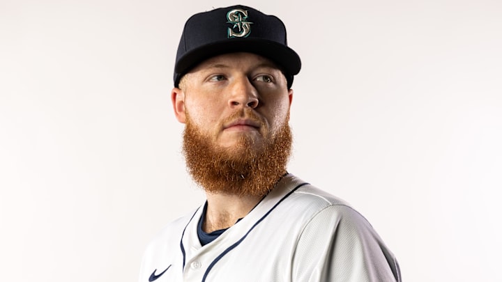 Feb 20, 2025; Peoria, AZ, USA; Seattle Mariners pitcher Will Klein poses for a portrait during media day at Peoria Sports Complex. Mandatory Credit: Mark J. Rebilas-Imagn Images