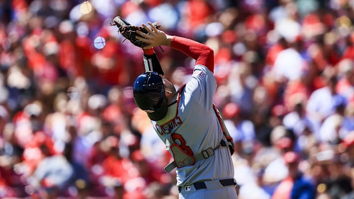 Aug 31, 2025; Cincinnati, Ohio, USA; St. Louis Cardinals catcher Jimmy Crooks (8) catches a pop up hit by Cincinnati Reds third baseman Ke'Bryan Hayes (not pictured) in the third inning at Great American Ball Park. Mandatory Credit: Katie Stratman-Imagn Images