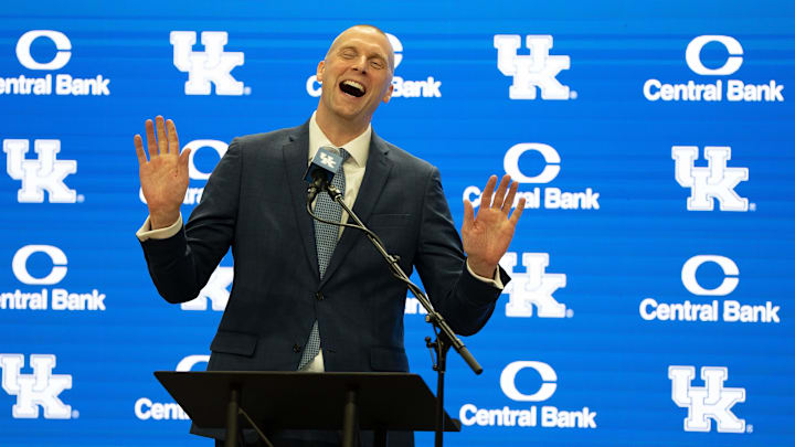 University of Kentucky’s new men’s basketball coach Mark Pope speaks about the future of Kentucky men’s basketball during his introductory press conference to thousands of fans in Rupp Arena on Sunday, April 14, 2024.