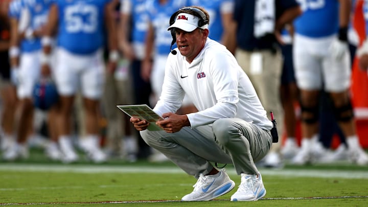 Sep 13, 2025; Oxford, Mississippi, USA; Mississippi Rebels head coach Lane Kiffin looks on during the second quarter against the Arkansas Razorback at Vaught-Hemingway Stadium. Mandatory Credit: Petre Thomas-Imagn Images