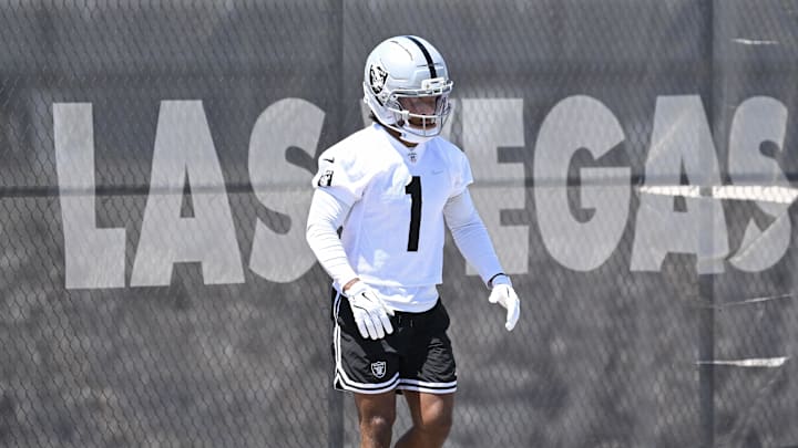 Jun 10, 2025; Henderson, NV, USA; Las Vegas Raiders wide receiver Tre Tucker (1) during a drill at Las Vegas Raiders Minicamp at Intermountain Health Performance Center. Mandatory Credit: Candice Ward-Imagn Images Jun 10, 2025; Henderson, NV, USA; Las Vegas Raiders wide receiver Tre Tucker (1) during a drill at Las Vegas Raiders Minicamp at Intermountain Health Performance Center. Mandatory Credit: Candice Ward-Imagn Images