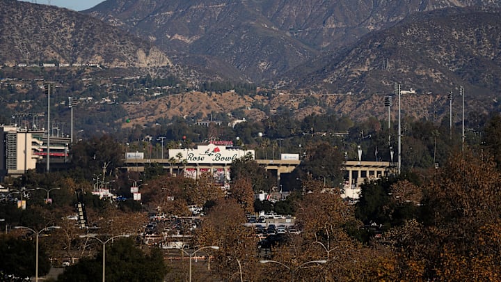 The Rose Bowl stadium prepares to host the Ohio State Buckeyes and he Oregon Ducks on Jan. 1, 2025. The Rose Bowl stadium prepares to host the Ohio State Buckeyes and he Oregon Ducks on Jan. 1, 2025.