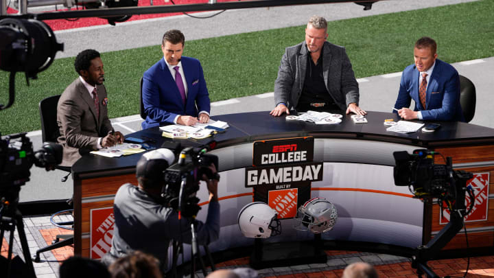 Oct 21, 2023; Columbus, Ohio, USA; The ESPN College Gameday crew broadcasts from the field. Oct 21, 2023; Columbus, Ohio, USA; The ESPN College Gameday crew broadcasts from the field.